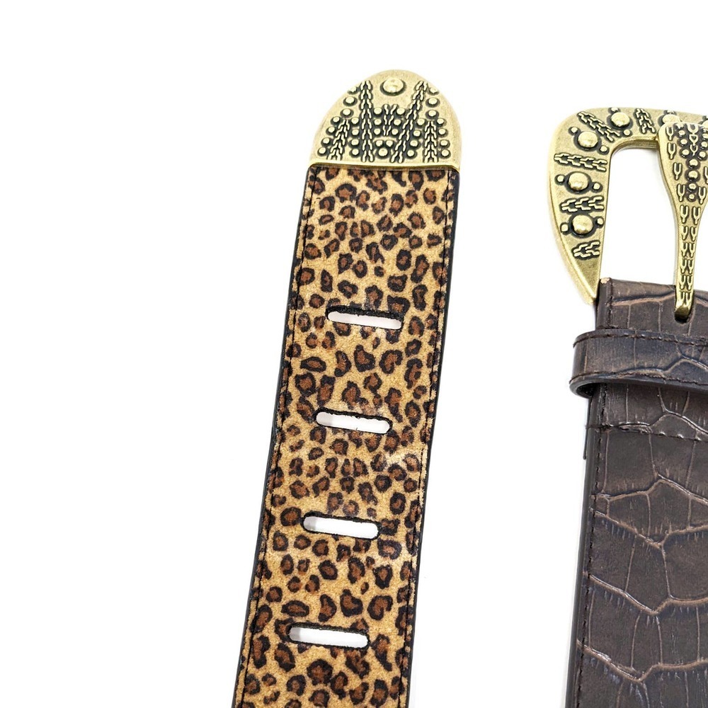 Chicos Belt Womens Medium Brown Black Leather Leopard Brass Gold Boho Western - Picture 2 of 12